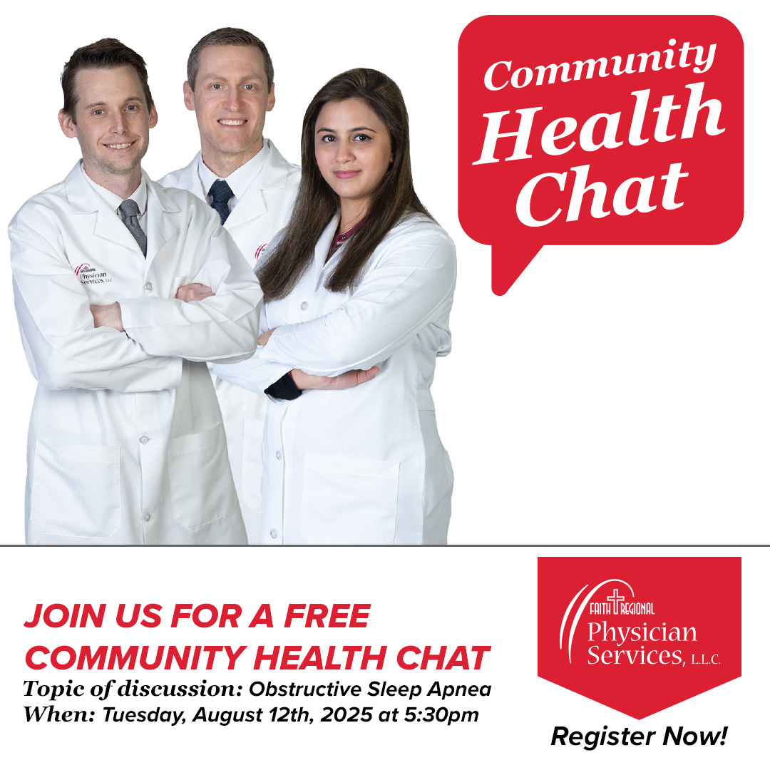 Do you or someone you love struggle with obstructive sleep apnea? Attend this FREE Community Health Chat with Dr. Fatima, Dr. Oltman & Dr. Rohe to learn more about this condition and treatment options that are available.